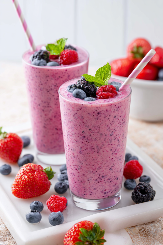Mixed berry smoothie with yogurt in a glass