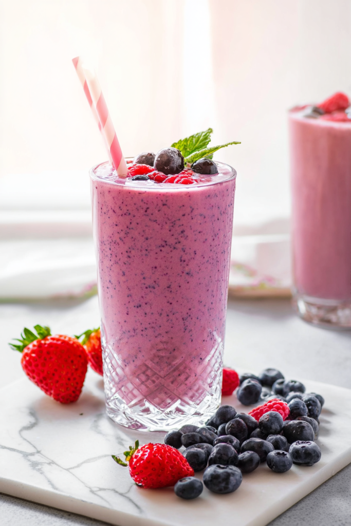 Mixed berry smoothie with yogurt in a glass