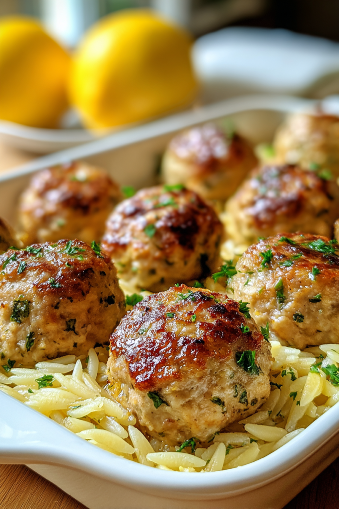Greek Chicken Meatballs with Lemon Orzo