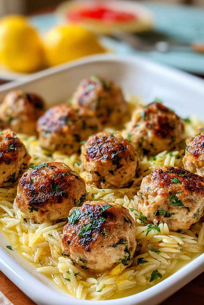 Greek Chicken Meatballs with Lemon Orzo