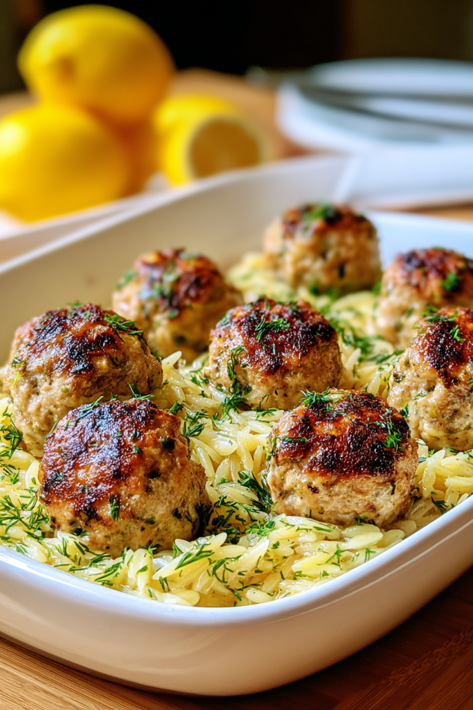Greek Chicken Meatballs with Lemon Orzo